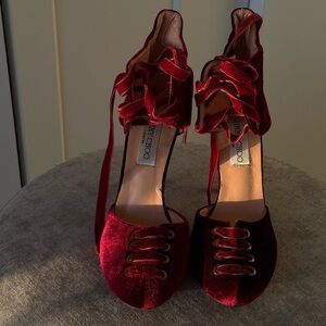 Jimmy Choo Red Velvet Lace-Up Heels with Ribbon Detail
